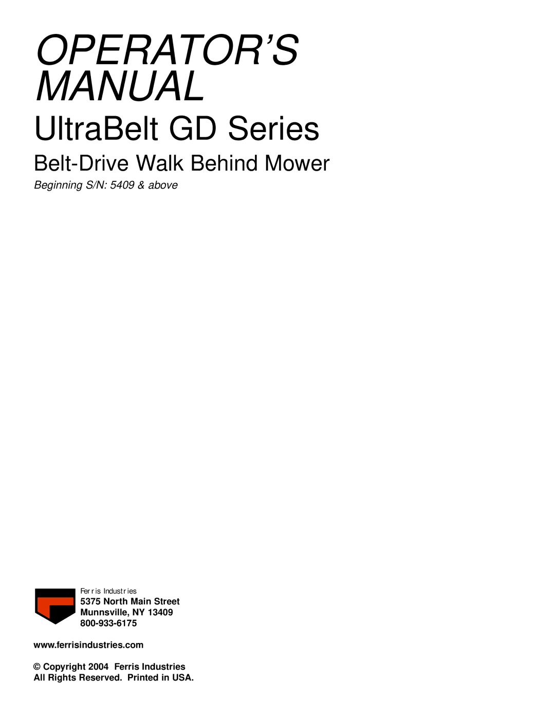 Ferris Industries BGF36KAV15, BGF48KAV15 manual UltraBelt GD Series, Ferris Industries 