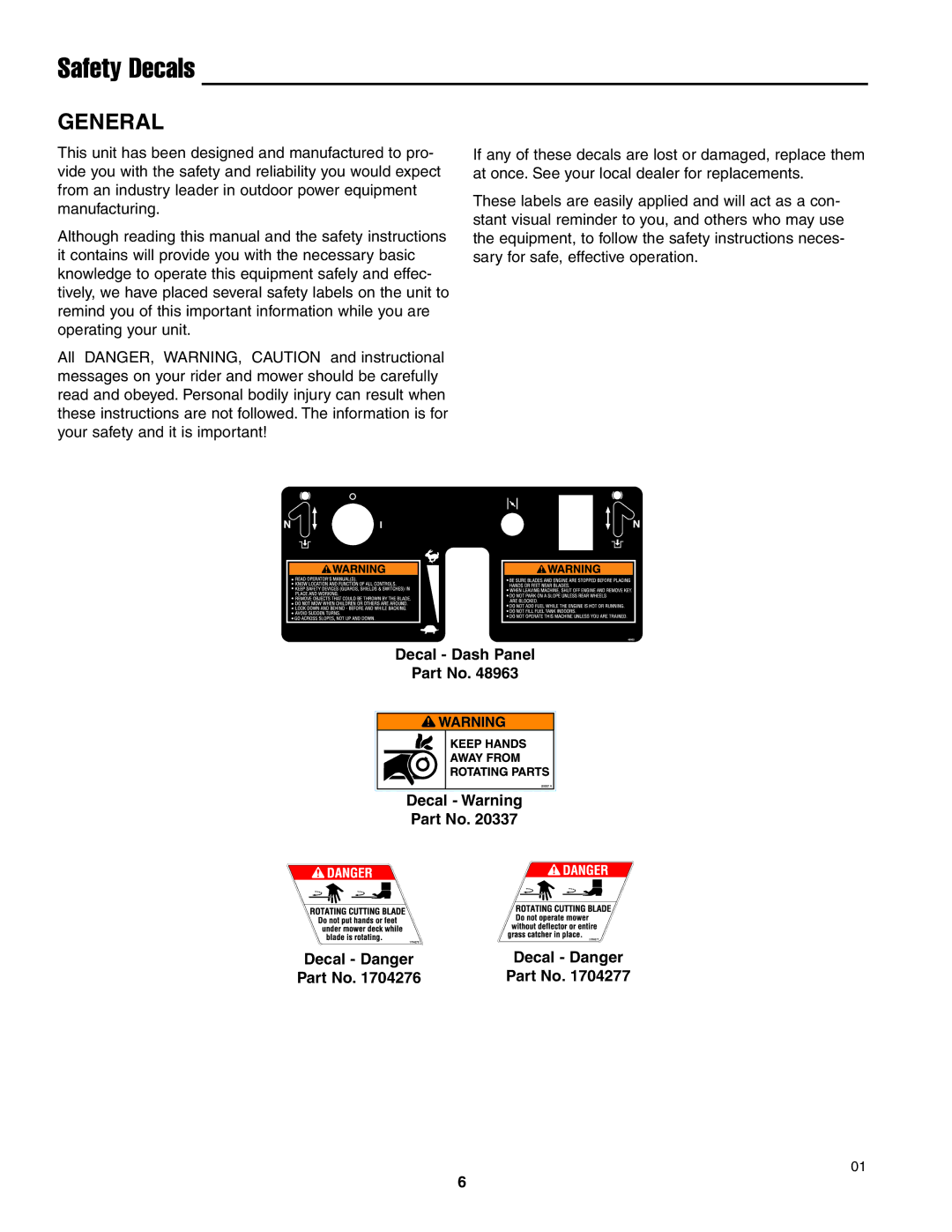 Ferris Industries BGF36KAV15, BGF48KAV15 manual Safety Decals, General, Decal Dash Panel Decal Warning Decal Danger 