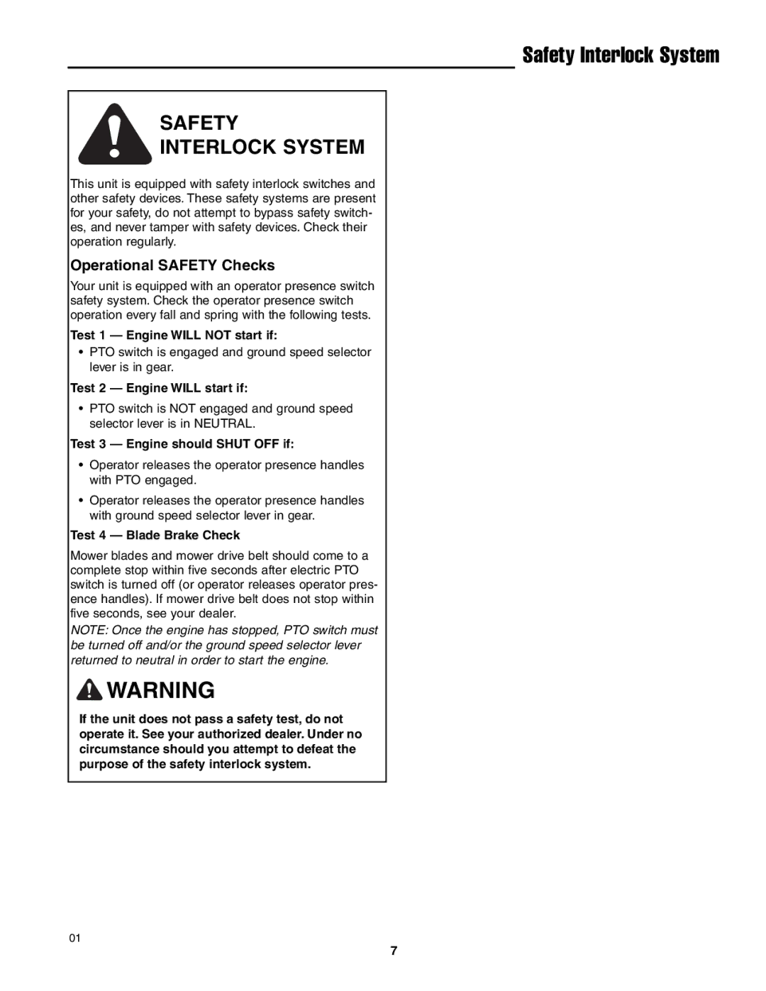 Ferris Industries BGF48KAV15, BGF36KAV15 manual Safety Interlock System, Operational Safety Checks 