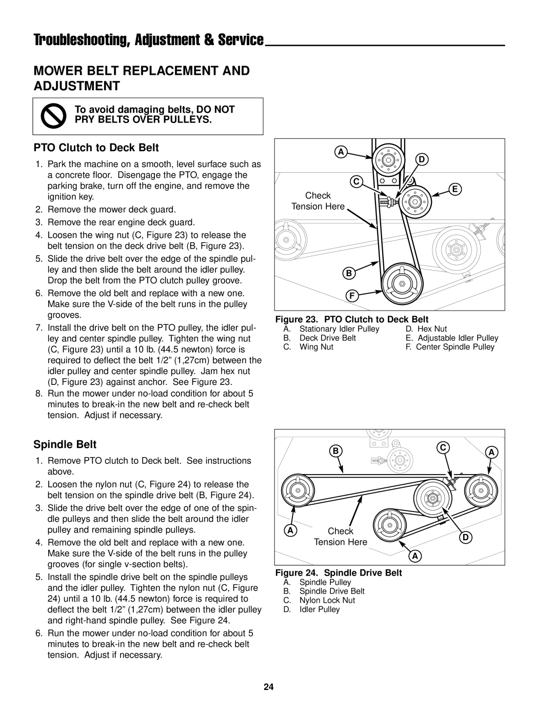 Ferris Industries DDSKAV23CE, DDSKAV15CE manual Mower Belt Replacement and Adjustment, PTO Clutch to Deck Belt, Spindle Belt 