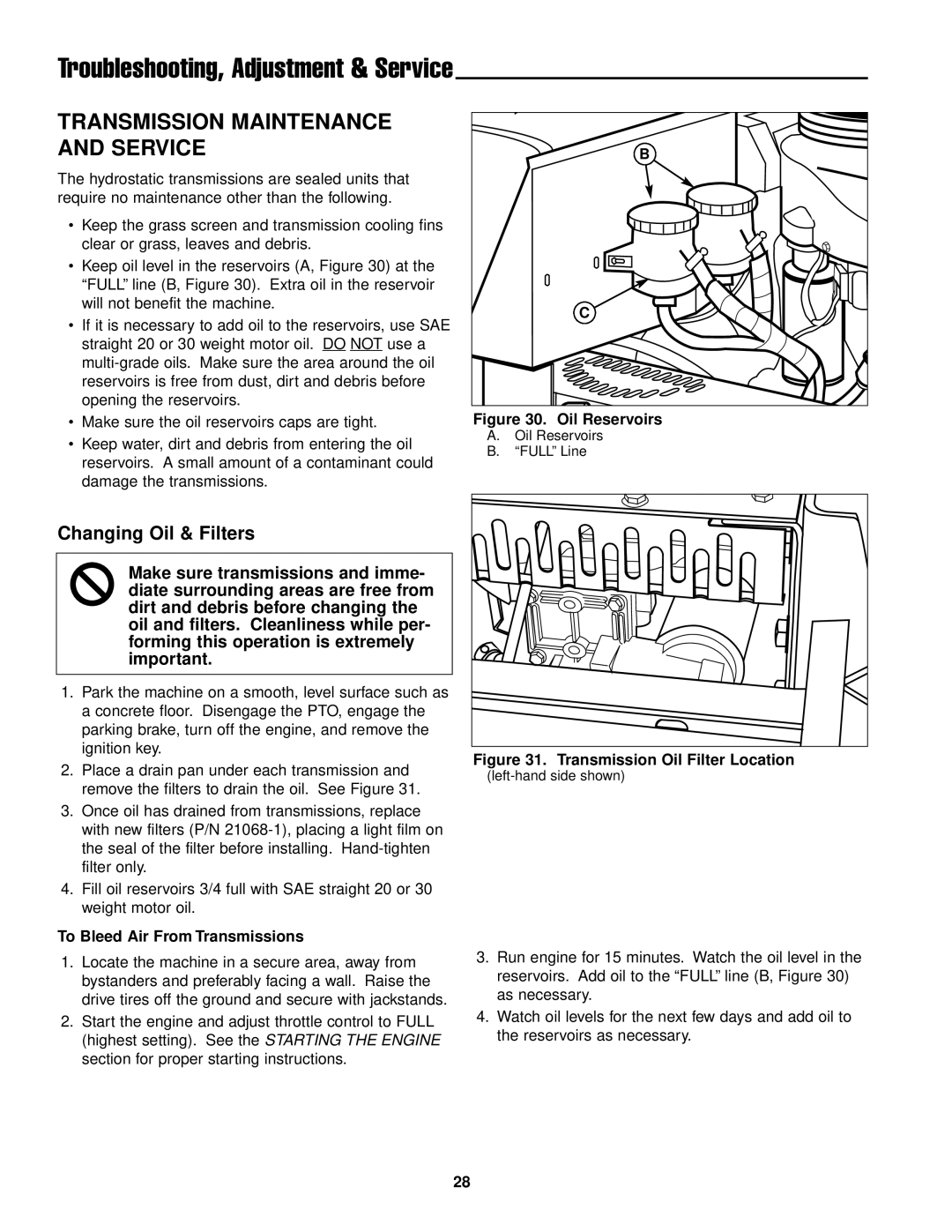 Ferris Industries DDSKAV15CE Transmission Maintenance and Service, Changing Oil & Filters, To Bleed Air From Transmissions 