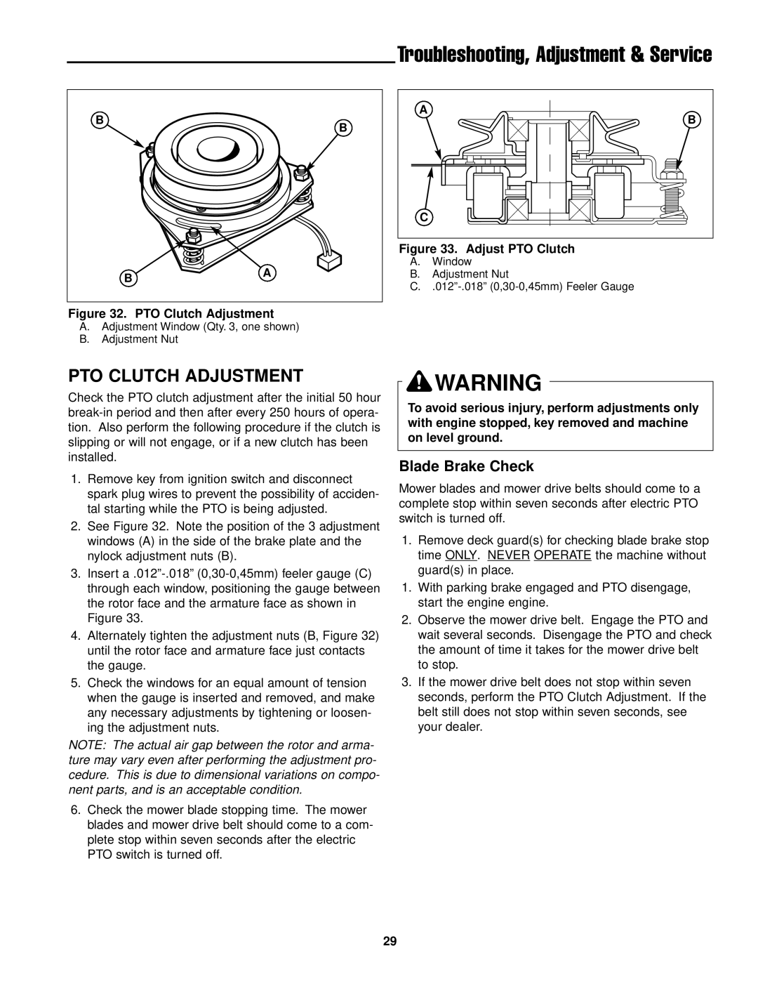 Ferris Industries DDSKAV17CE, DDSKAV15CE, DDSKAV23CE manual PTO Clutch Adjustment, Blade Brake Check 