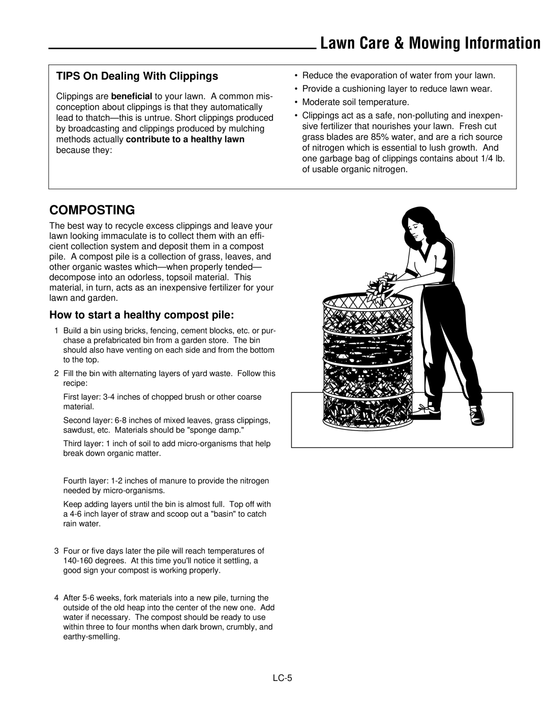 Ferris Industries DDSKAV15CE, DDSKAV17CE Composting, Tips On Dealing With Clippings, How to start a healthy compost pile 