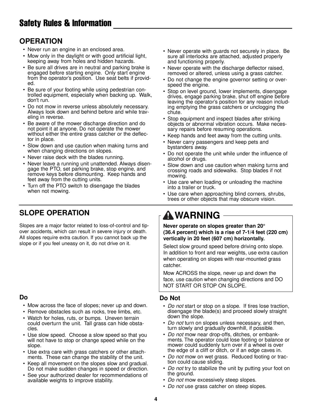 Ferris Industries DDSKAV15CE, DDSKAV17CE, DDSKAV23CE manual Safety Rules & Information, Slope Operation, Do Not 