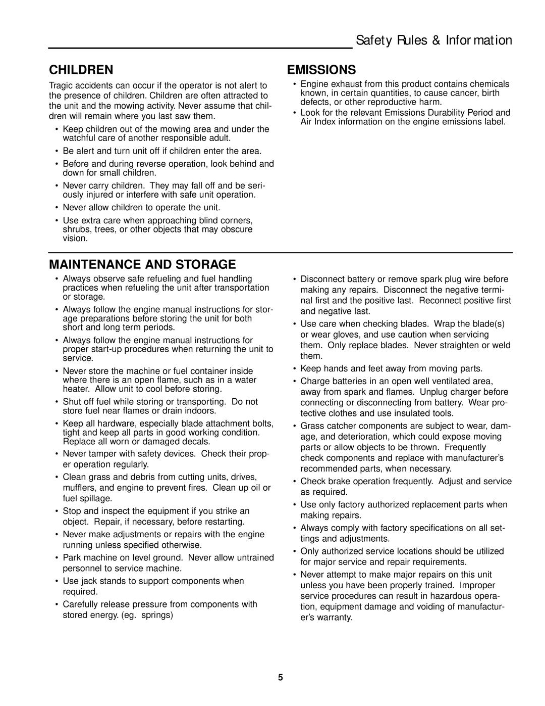 Ferris Industries DDSKAV17CE, DDSKAV15CE, DDSKAV23CE manual Children, Emissions, Maintenance and Storage 