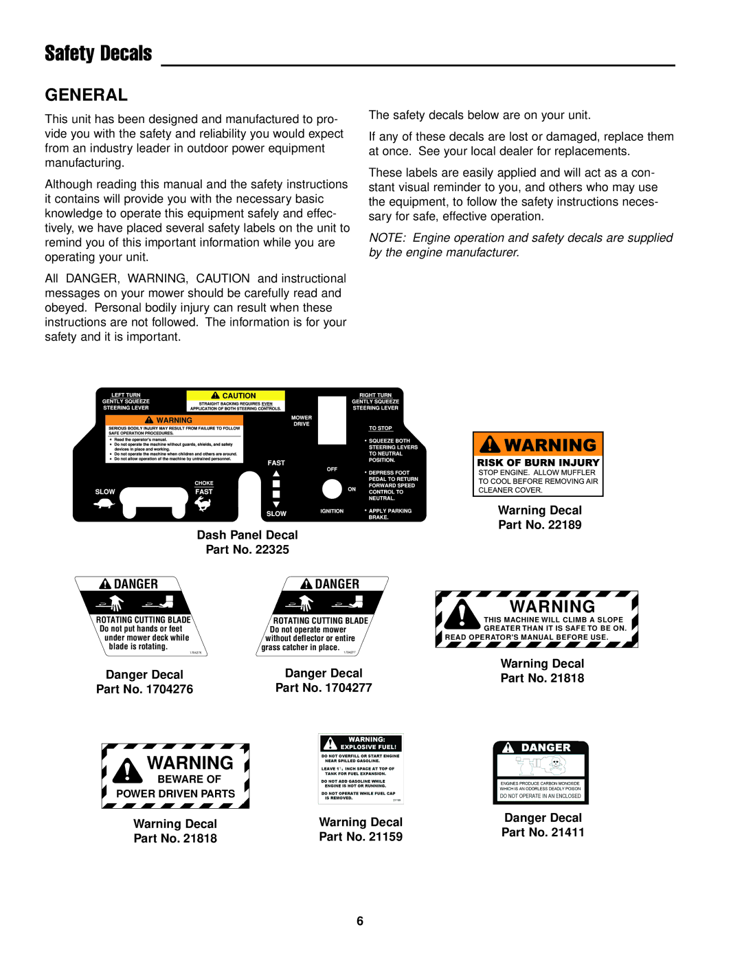 Ferris Industries DDSKAV23CE, DDSKAV15CE, DDSKAV17CE manual Safety Decals, General, Dash Panel Decal 