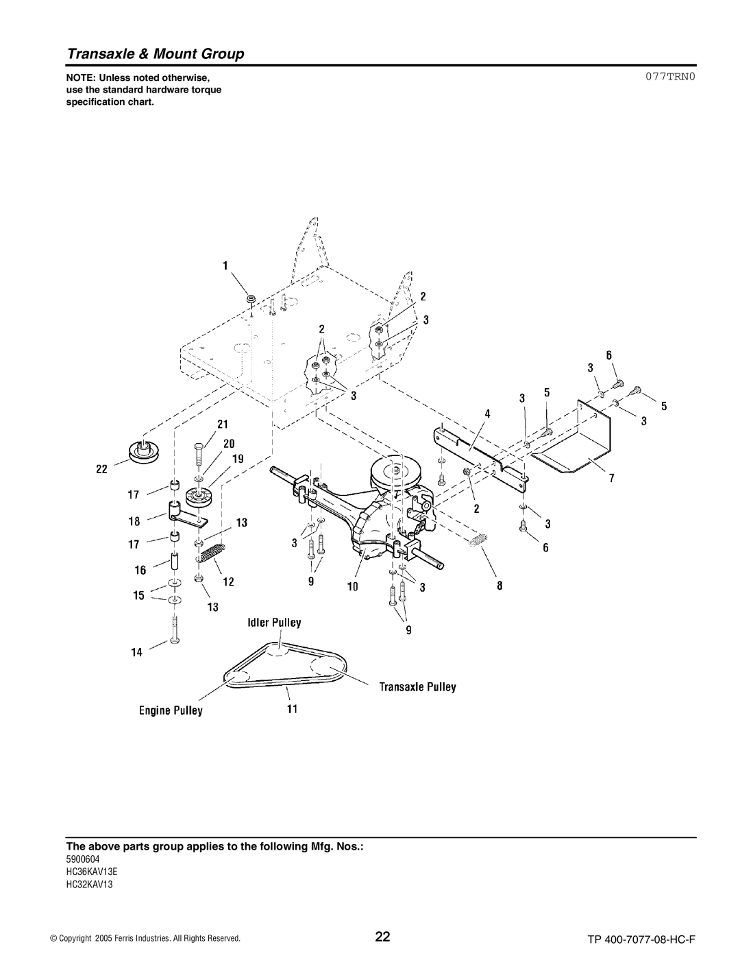 Ferris Industries HC32KAV13, HC36KAV13E manual Transaxle & Mount Group, 077TRN0 