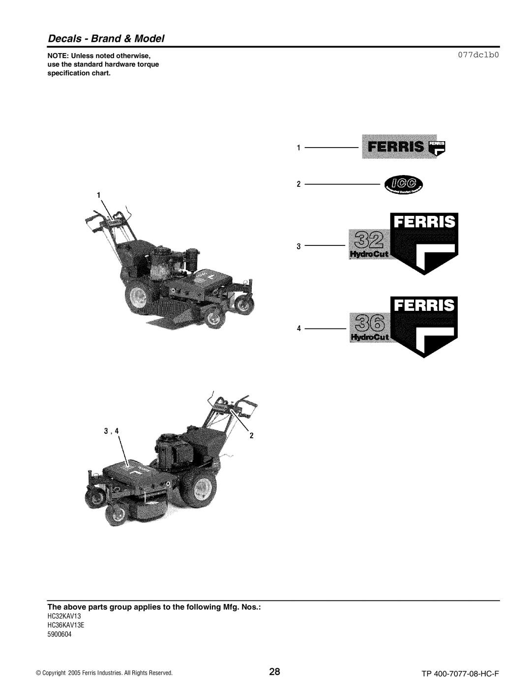 Ferris Industries HC32KAV13, HC36KAV13E manual Decals Brand & Model, 077dclb0 