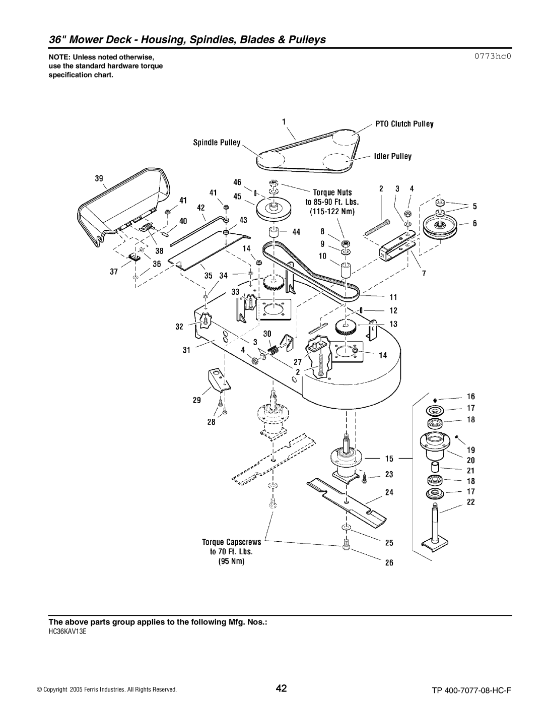 Ferris Industries HC32KAV13, HC36KAV13E manual Mower Deck Housing, Spindles, Blades & Pulleys, 0773hc0 