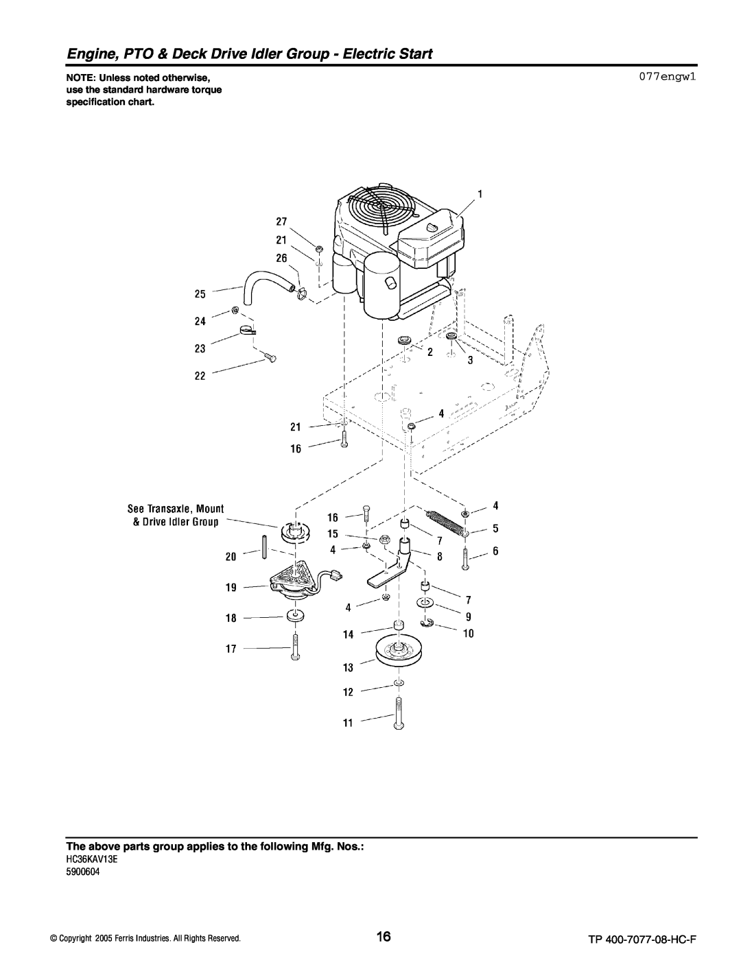 Ferris Industries HC32KAV13 077engw1, NOTE Unless noted otherwise, use the standard hardware torque, specification chart 