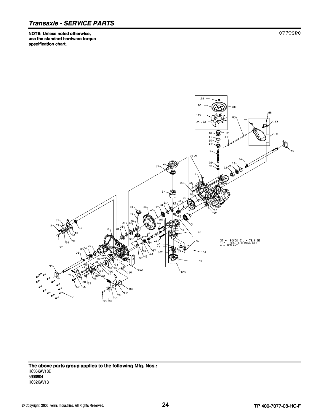 Ferris Industries HC32KAV13, HC36KAV13E manual Transaxle - SERVICE PARTS, 077TSP0, NOTE Unless noted otherwise 