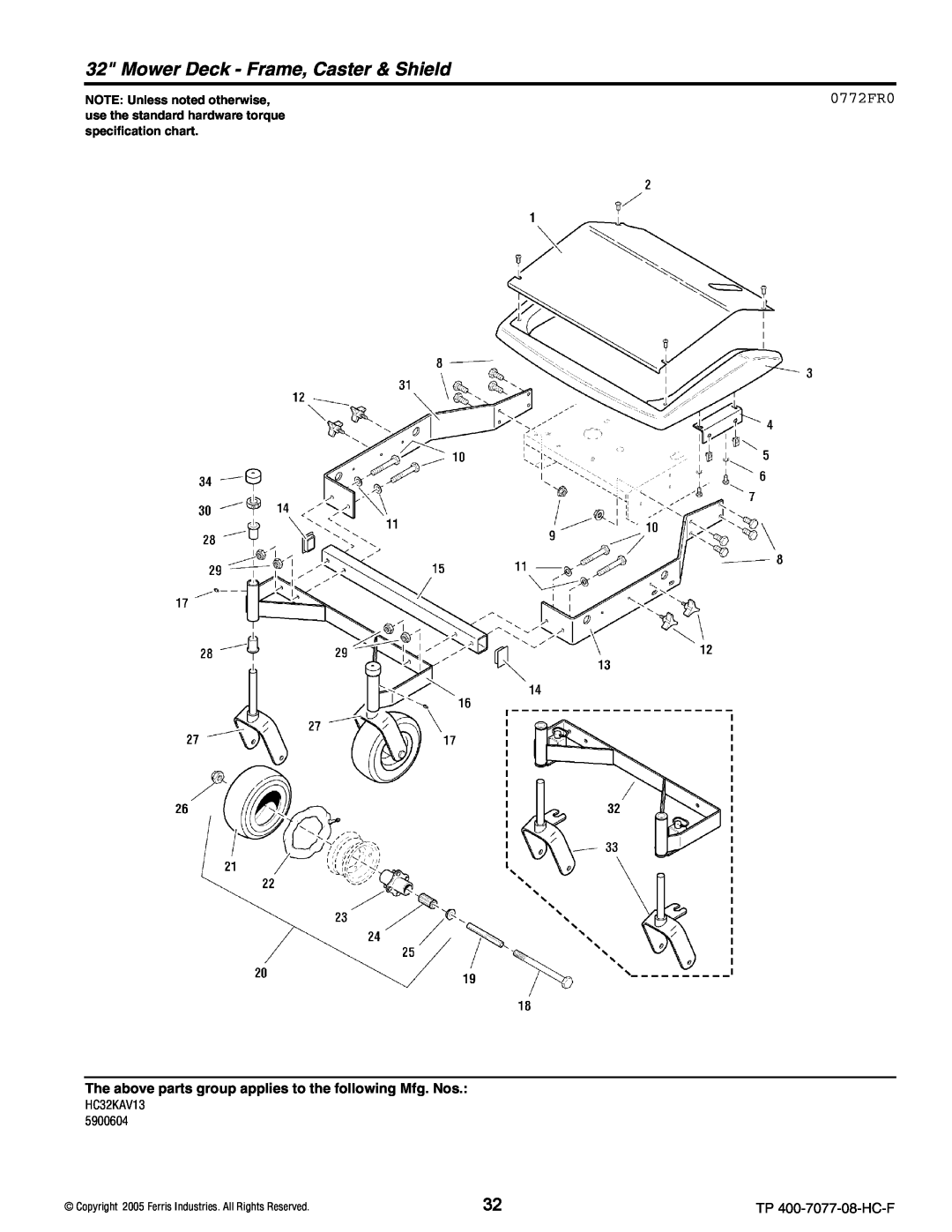 Ferris Industries HC32KAV13, HC36KAV13E manual Mower Deck - Frame, Caster & Shield, 0772FR0, NOTE Unless noted otherwise 