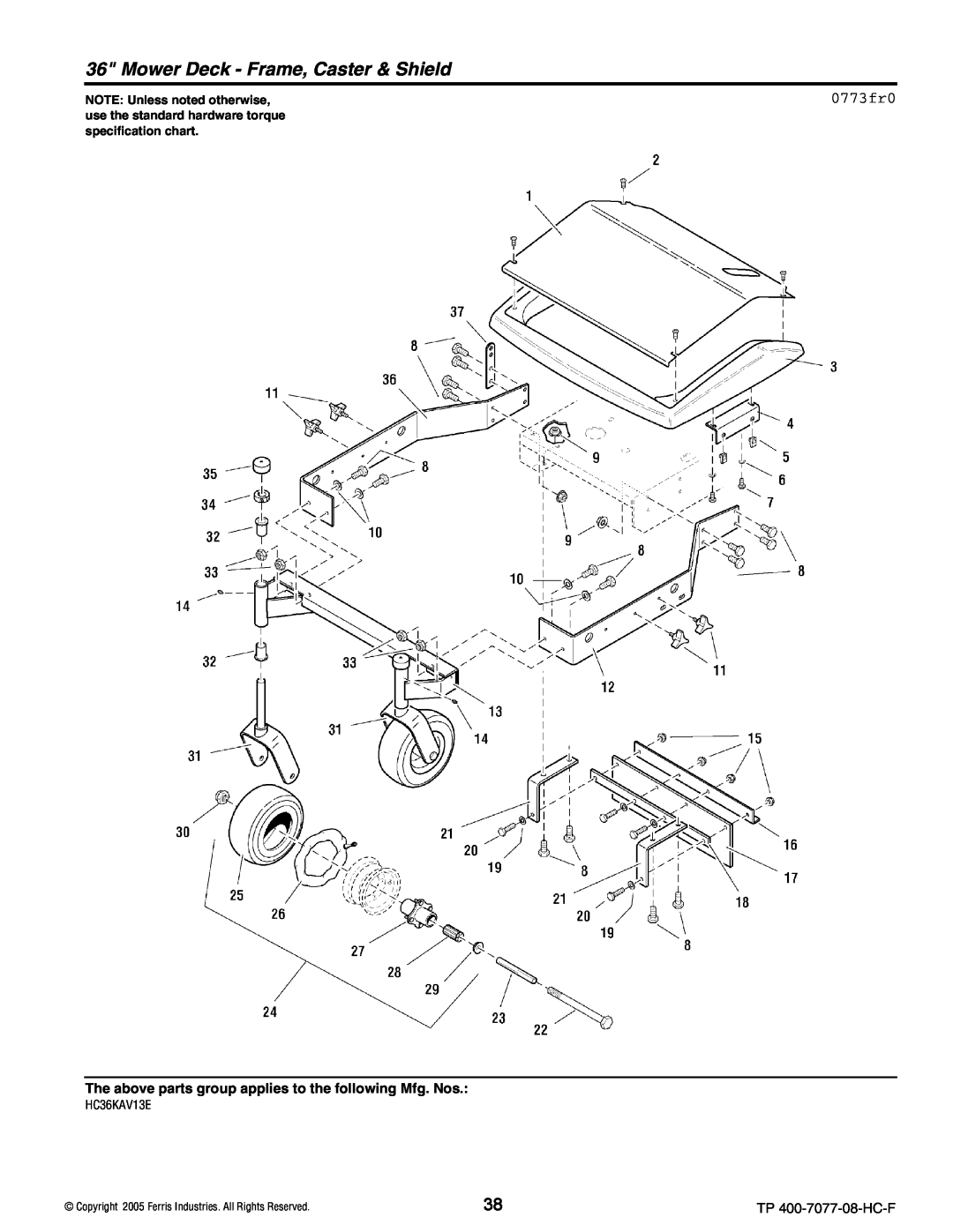 Ferris Industries HC32KAV13, HC36KAV13E manual Mower Deck - Frame, Caster & Shield, 0773fr0, NOTE Unless noted otherwise 