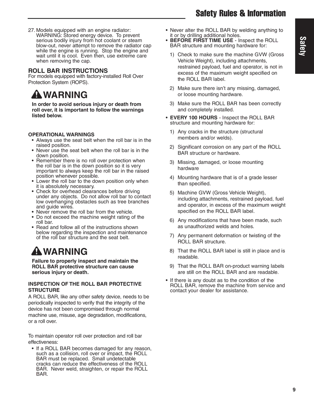 Ferris Industries 5900605, IS1500Z, 5900607, 5900606 manual Roll BAR Instructions, Operational Warnings 