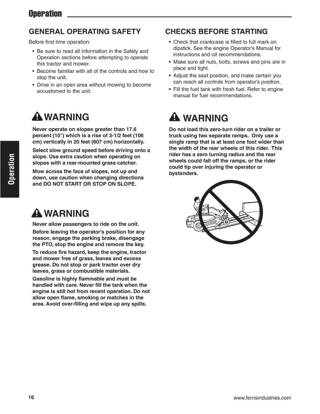 Ferris Industries 5900606, IS1500Z, 5900607, 5900605 manual Operation, General Operating Safety, Checks Before Starting 