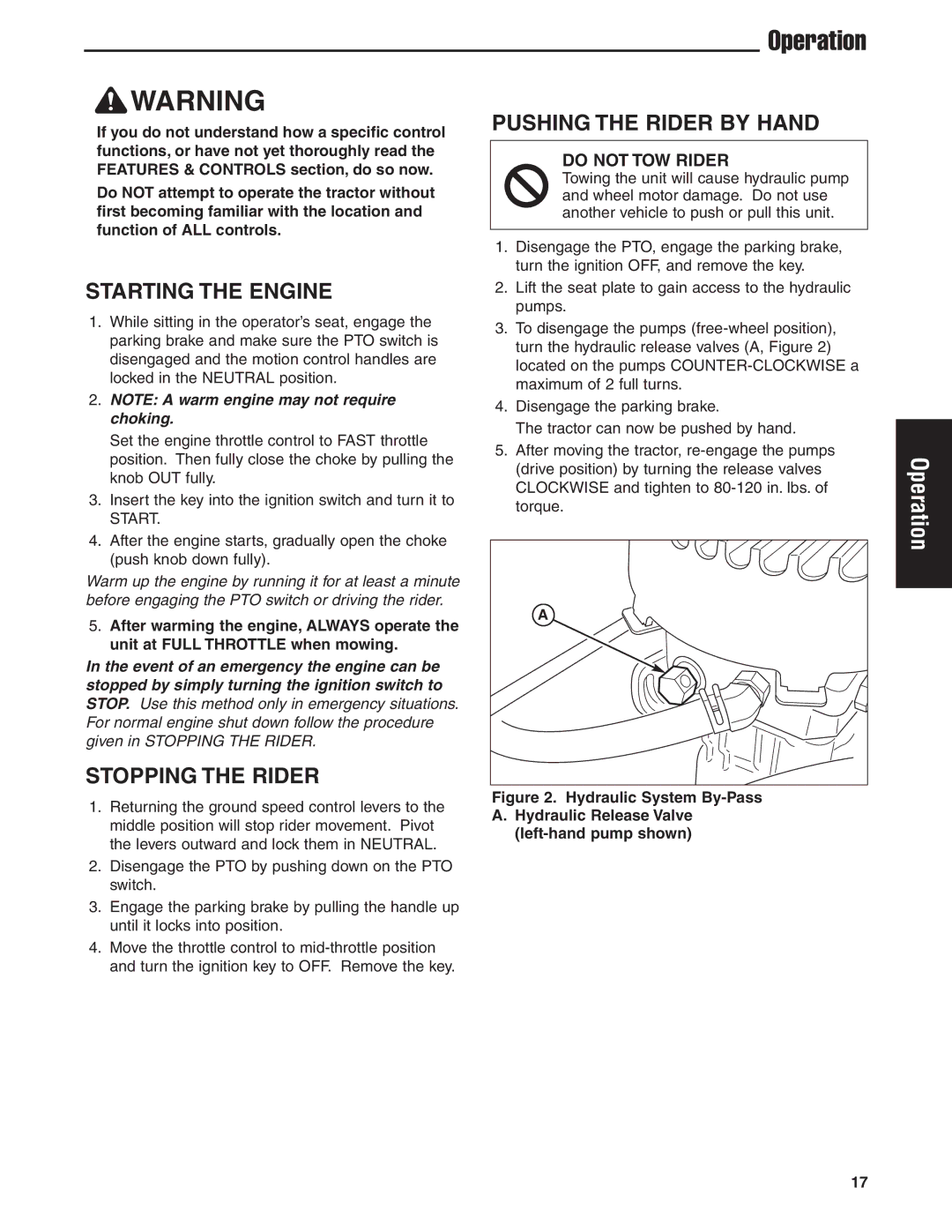 Ferris Industries 5900605, IS1500Z, 5900607, 5900606 manual Starting the Engine, Stopping the Rider, Pushing the Rider by Hand 