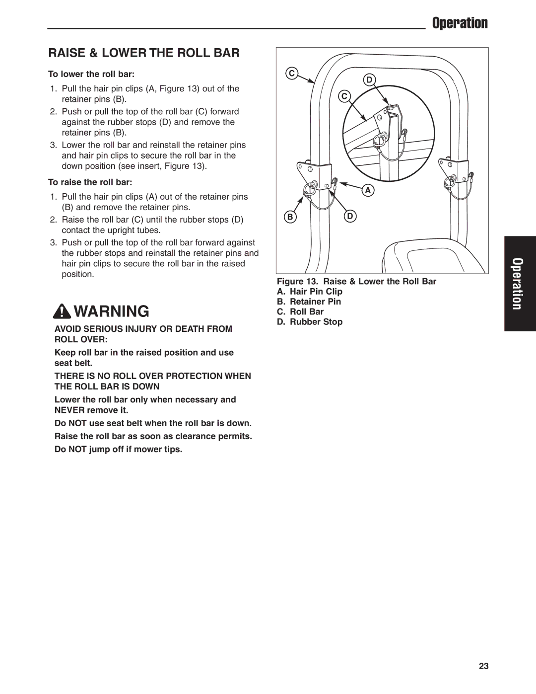 Ferris Industries 5900607, IS1500Z, 5900606 manual Raise & Lower the Roll BAR, To lower the roll bar, To raise the roll bar 