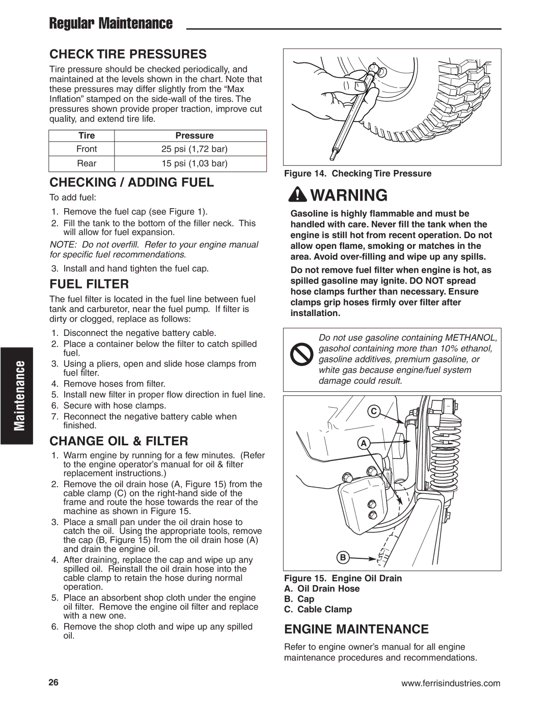 Ferris Industries IS1500Z, 5900607, 5900606 Regular Maintenance, Checking / Adding Fuel, Fuel Filter, Change OIL & Filter 