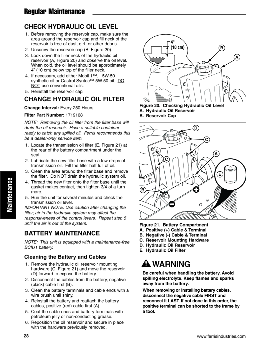 Ferris Industries 5900606, IS1500Z, 5900607 Check Hydraulic OIL Level, Change Hydraulic OIL Filter, Battery Maintenance 