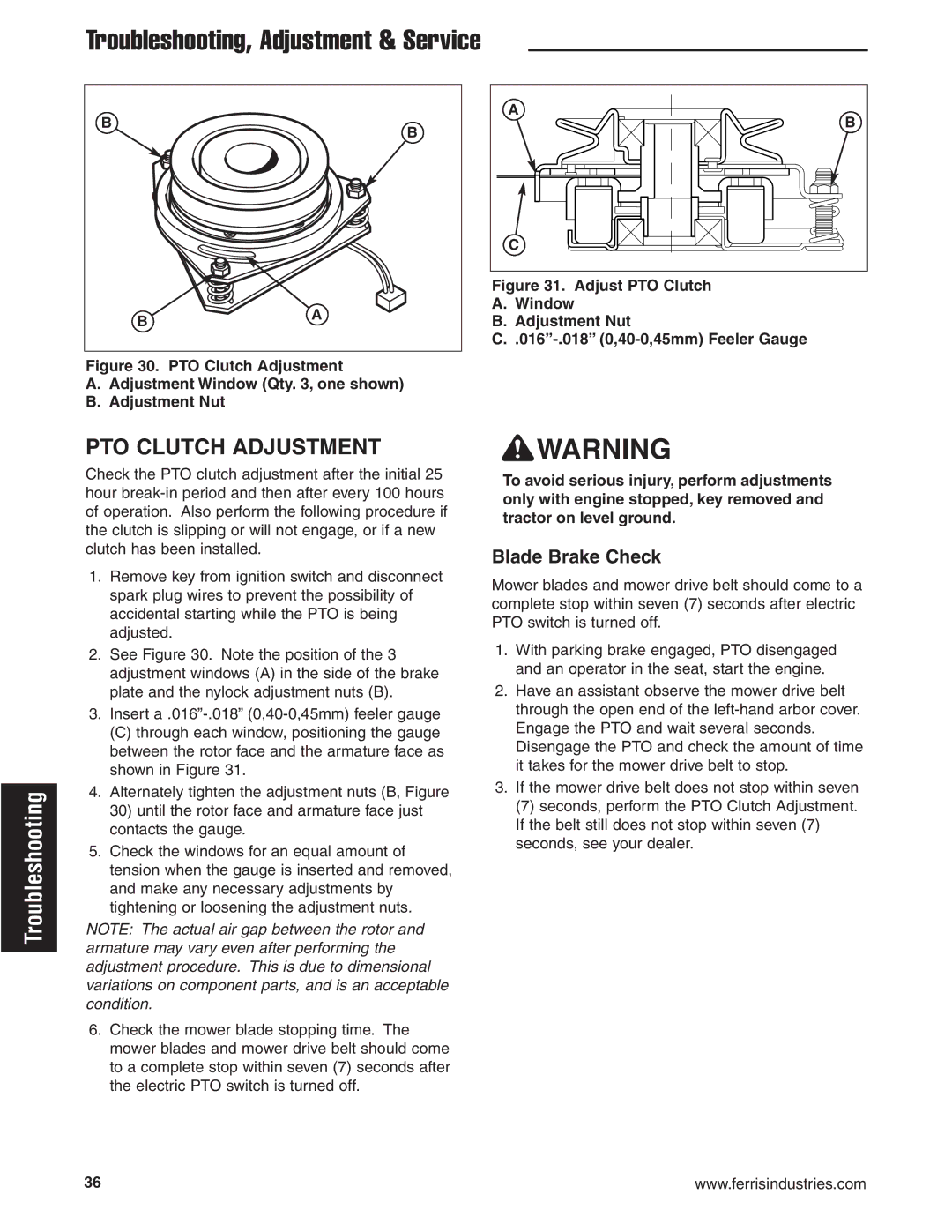 Ferris Industries 5900606, IS1500Z, 5900607, 5900605 manual PTO Clutch Adjustment, Blade Brake Check 