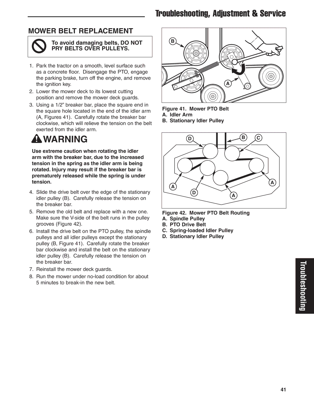 Ferris Industries 5900605, IS1500Z, 5900607 manual Mower Belt Replacement, Mower PTO Belt Idler Arm Stationary Idler Pulley 