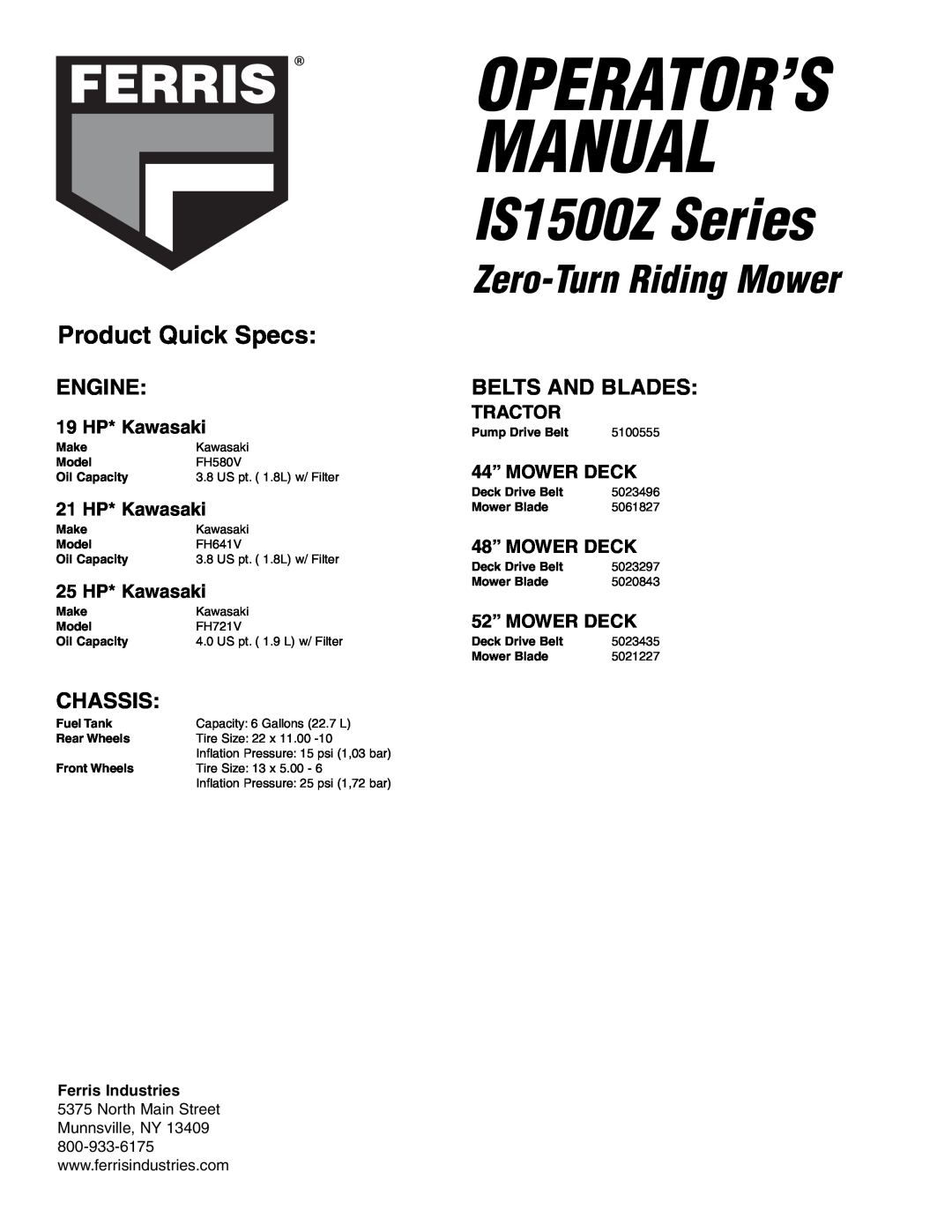 Ferris Industries Product Quick Specs, Belts And Blades, IS1500Z Series, Operator’S Manual, Zero-Turn Riding Mower 