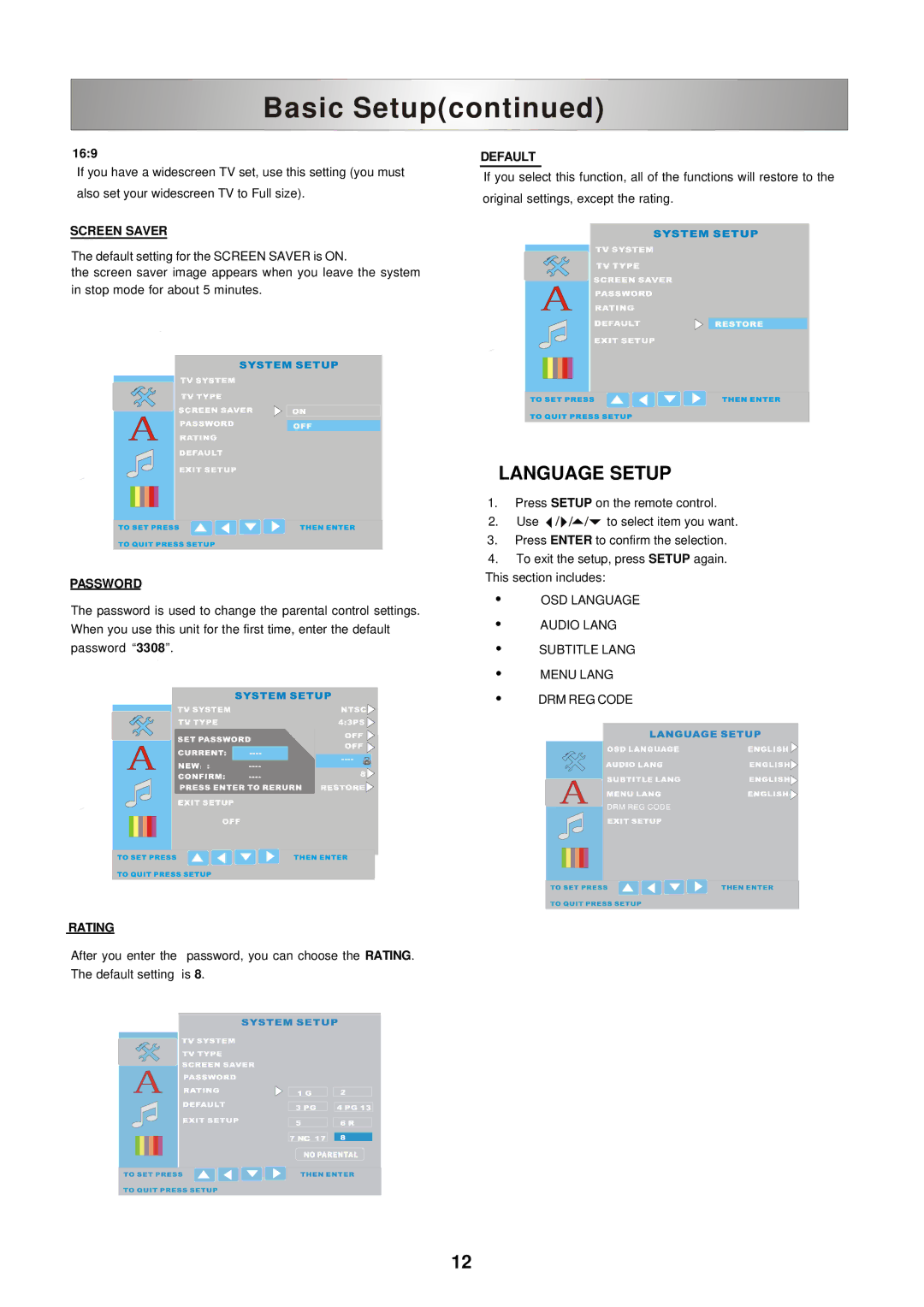 Ferris Industries SKU 319618 manual Language Setup, Screen Saver, Password, Rating, Default 