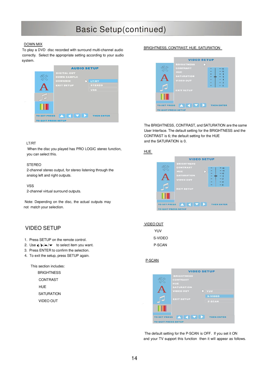 Ferris Industries SKU 319618 manual Video Setup, Down MIX, BRIGHTNESS, CONTRAST, HUE, Saturation, HUE Video OUT, Scan 