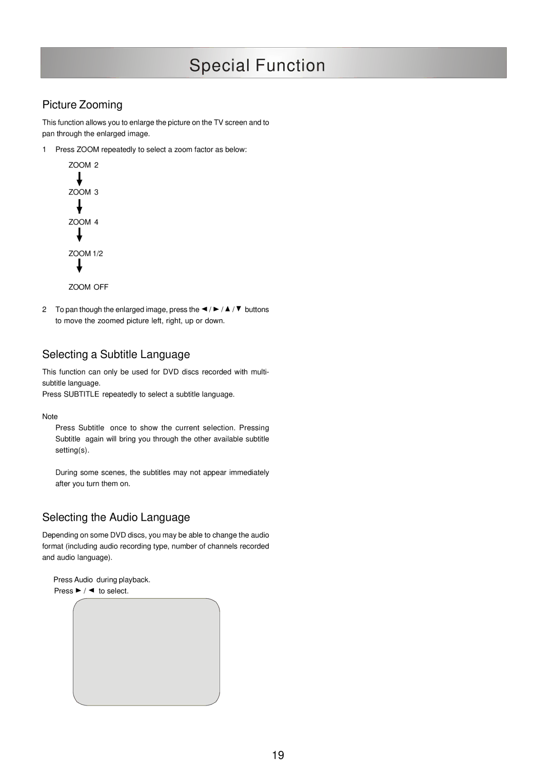 Ferris Industries SKU 319618 manual Special Function, Picture Zooming, Angle selection, Selecting a Subtitle Language 