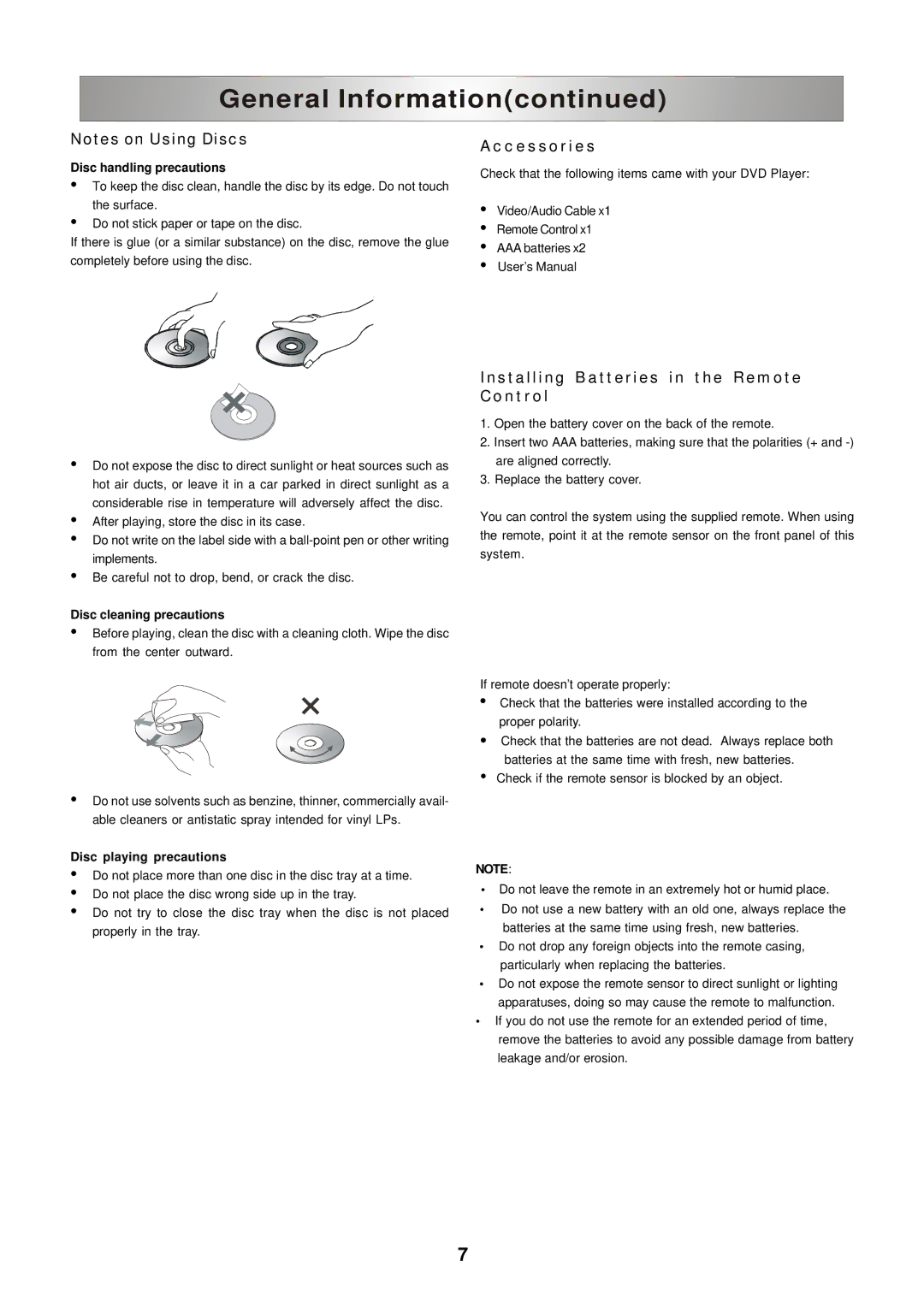 Ferris Industries SKU 319618 manual Disc handling precautions, Disc cleaning precautions, Disc playing precautions 