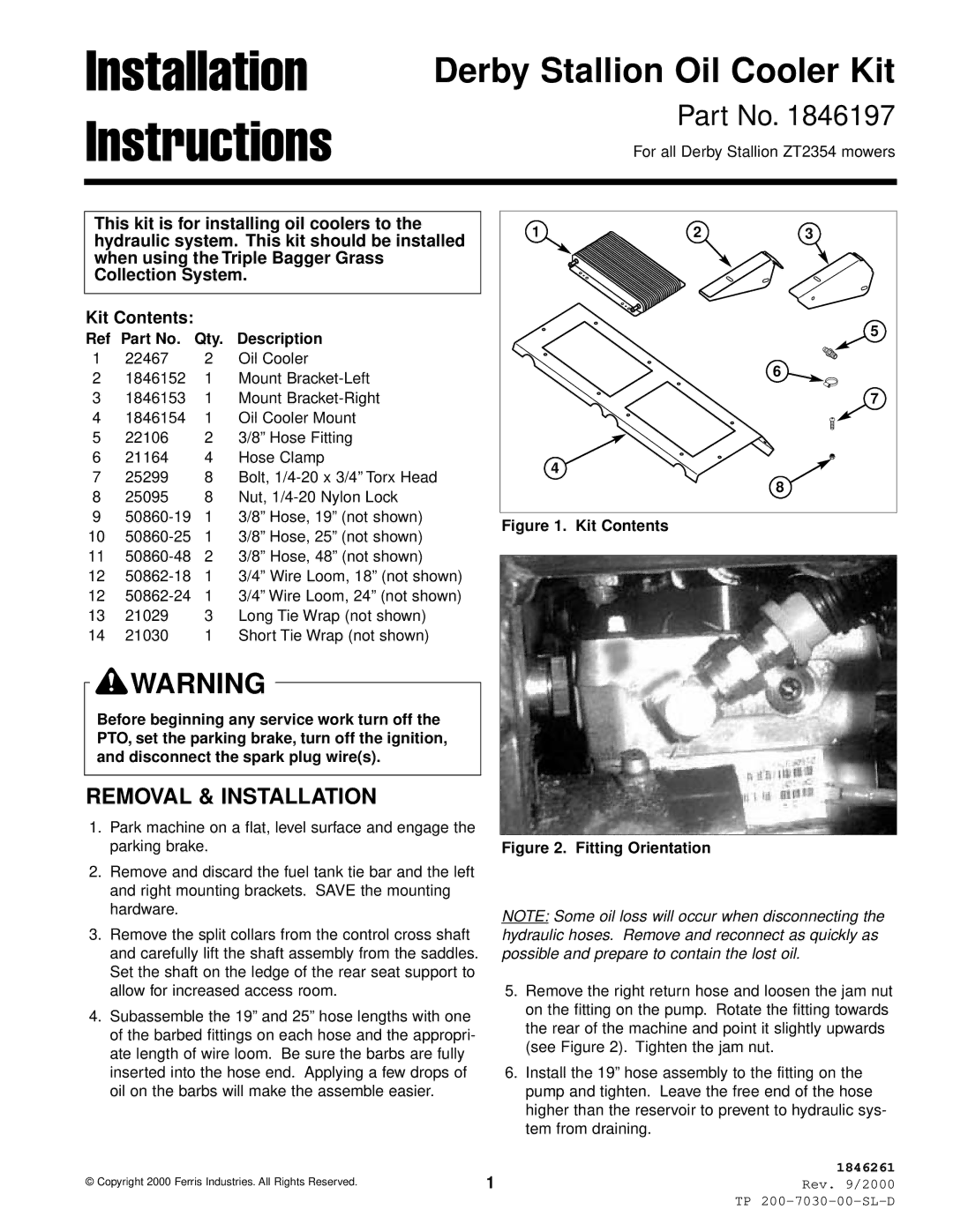 Ferris Industries 1846197, ZT2354 installation instructions Installation Instructions, Derby Stallion Oil Cooler Kit 