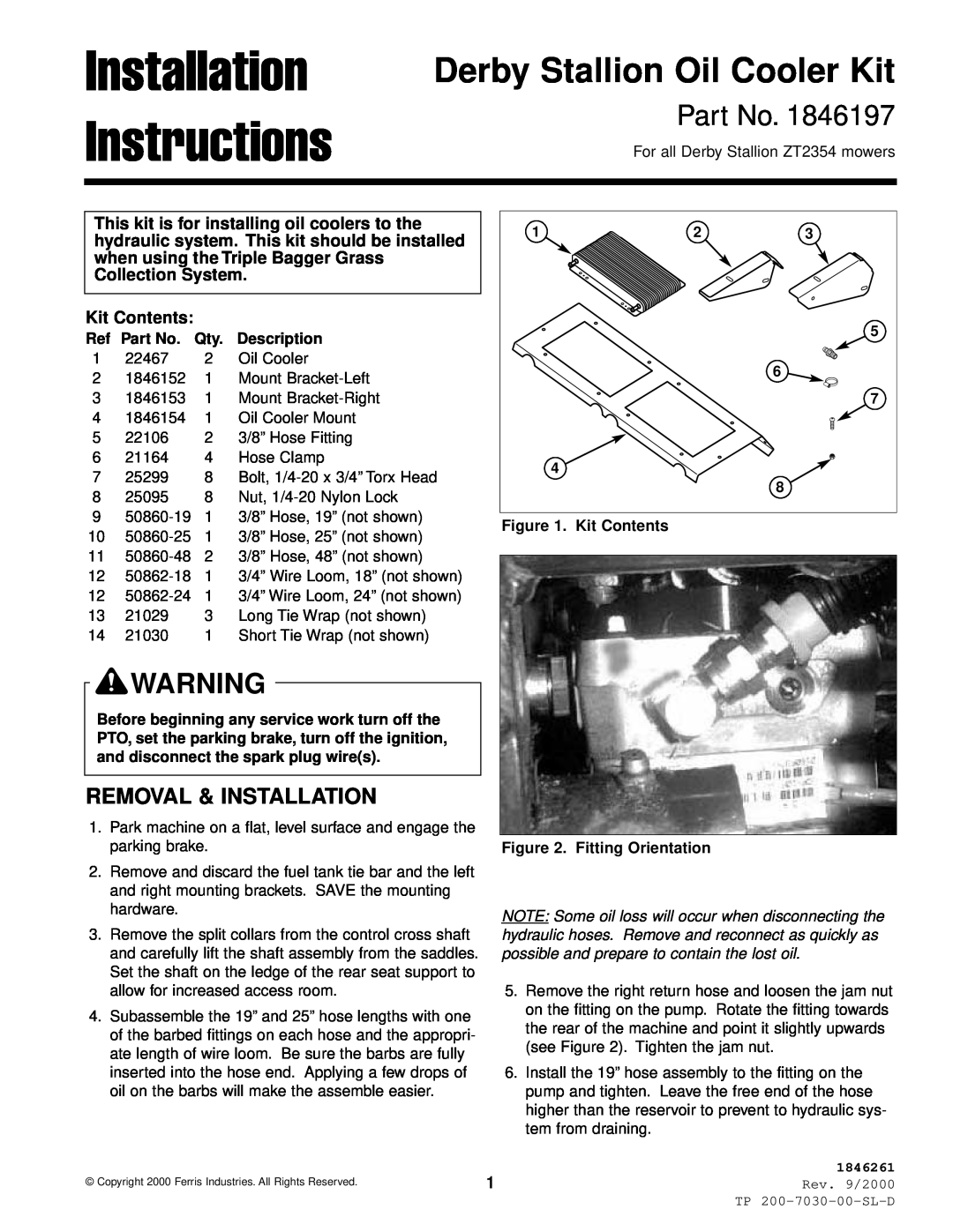 Ferris Industries 1846197, ZT2354 installation instructions Removal & Installation, Description, Installation Instructions 