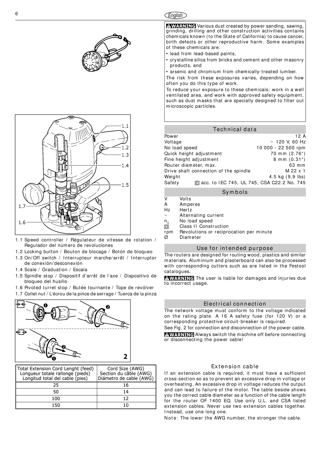 Festool 1400 EQ Technical data, Symbols, Use for intended purpose, Electrical connection, Extension cable 