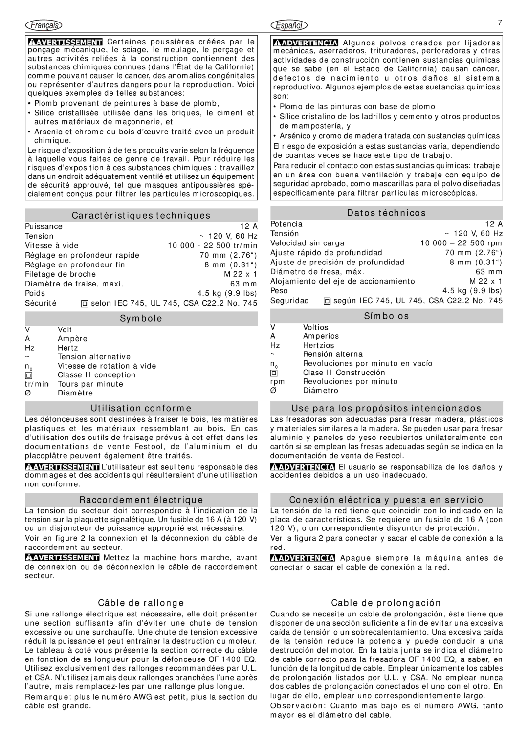 Festool 1400 EQ Caractéristiques techniques, Symbole, Utilisation conforme, Raccordement électrique, Datos téchnicos 