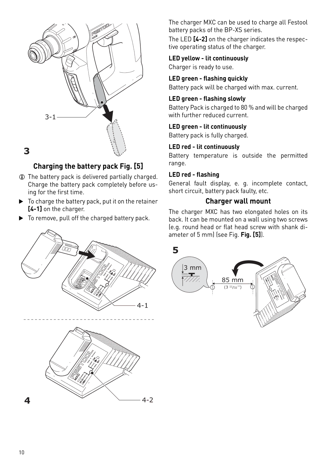 Festool 564274 instruction manual Charging the battery pack Fig, Charger wall mount 