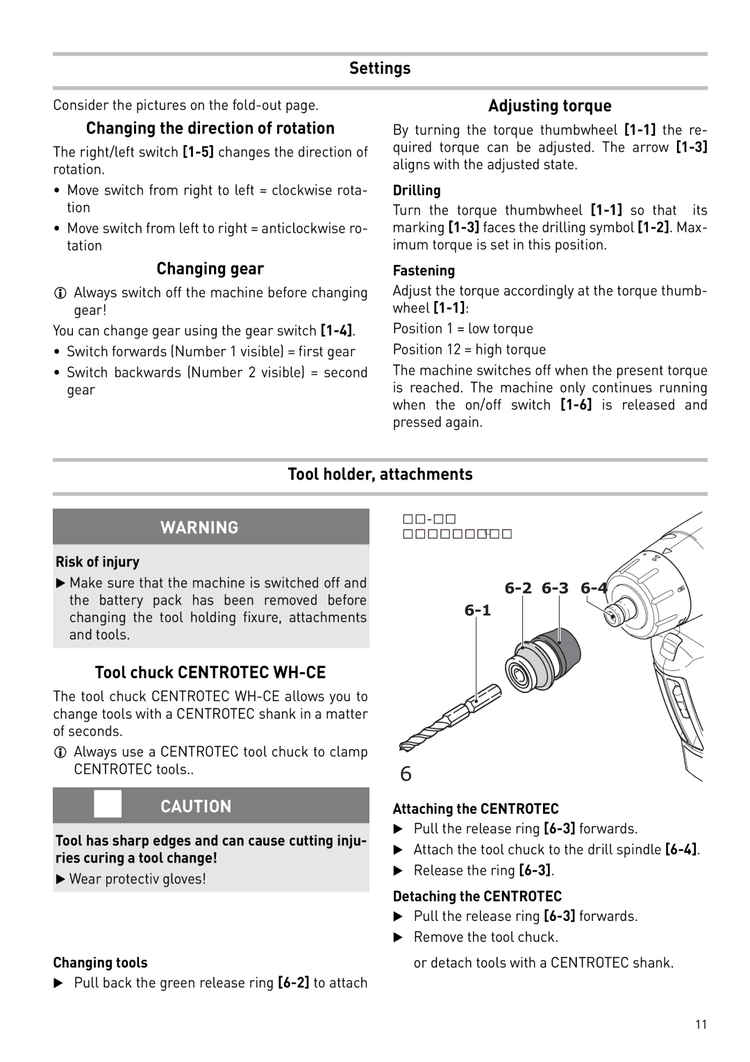 Festool 564274 instruction manual Settings, Changing the direction of rotation, Changing gear, Tool holder, attachments 