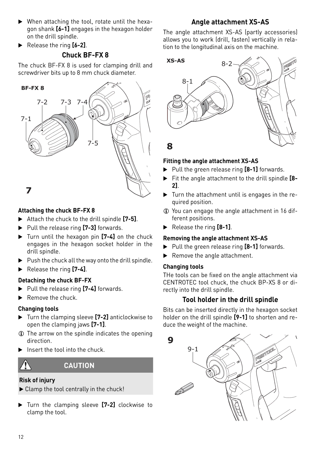 Festool 564274 instruction manual Chuck BF-FX, Angle attachment XS-AS, Tool holder in the drill spindle 