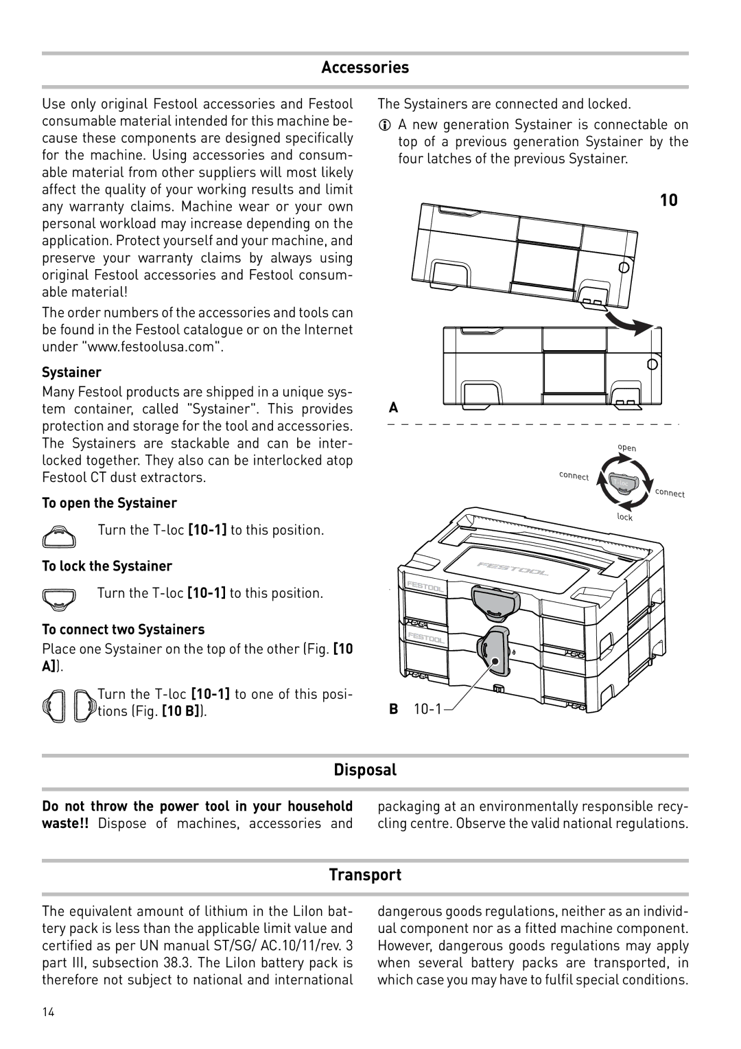 Festool 564274 instruction manual Accessories, Disposal, Transport 