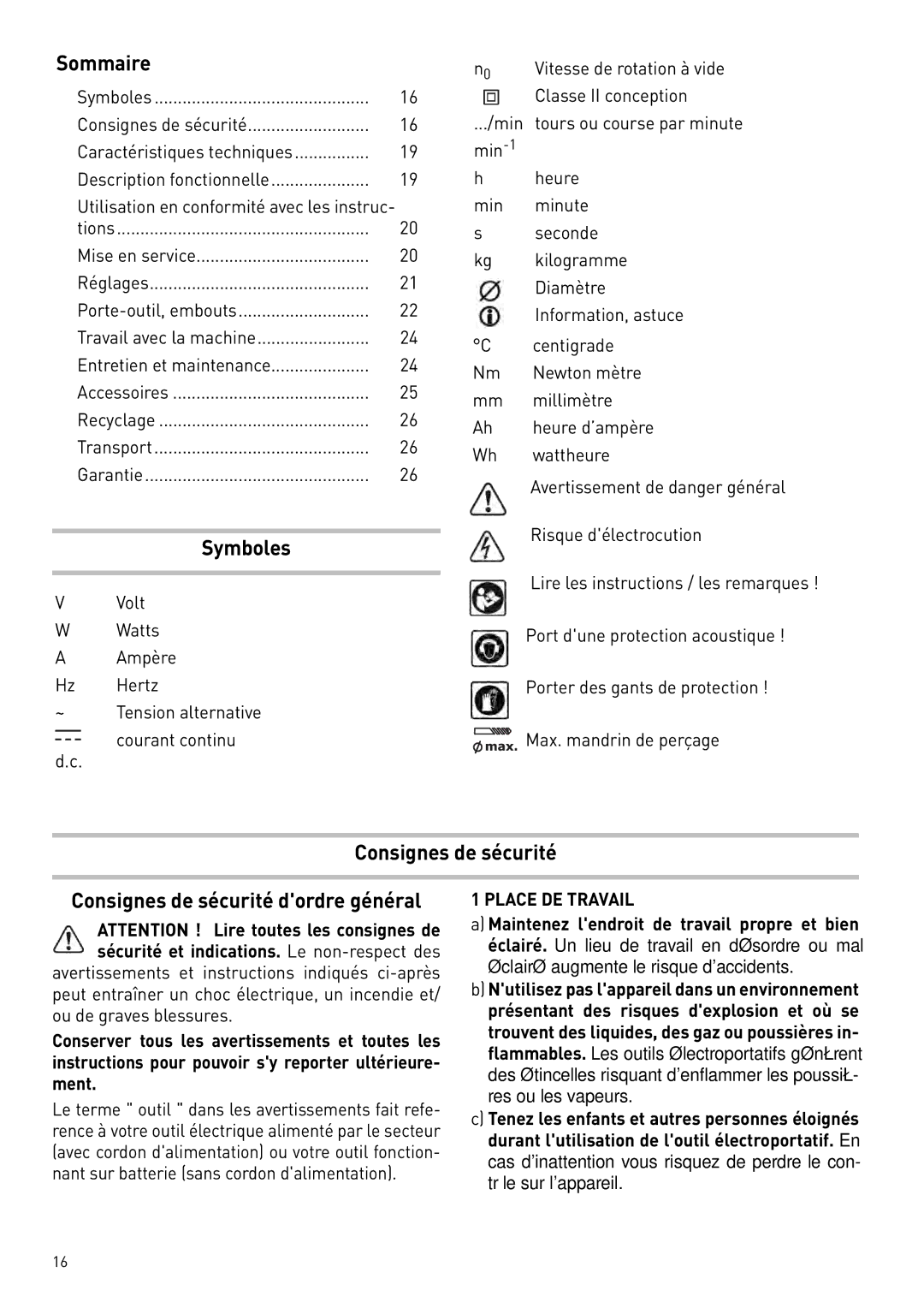 Festool 564274 Sommaire, Symboles, Consignes de sécurité Consignes de sécurité dordre général, Place DE Travail 