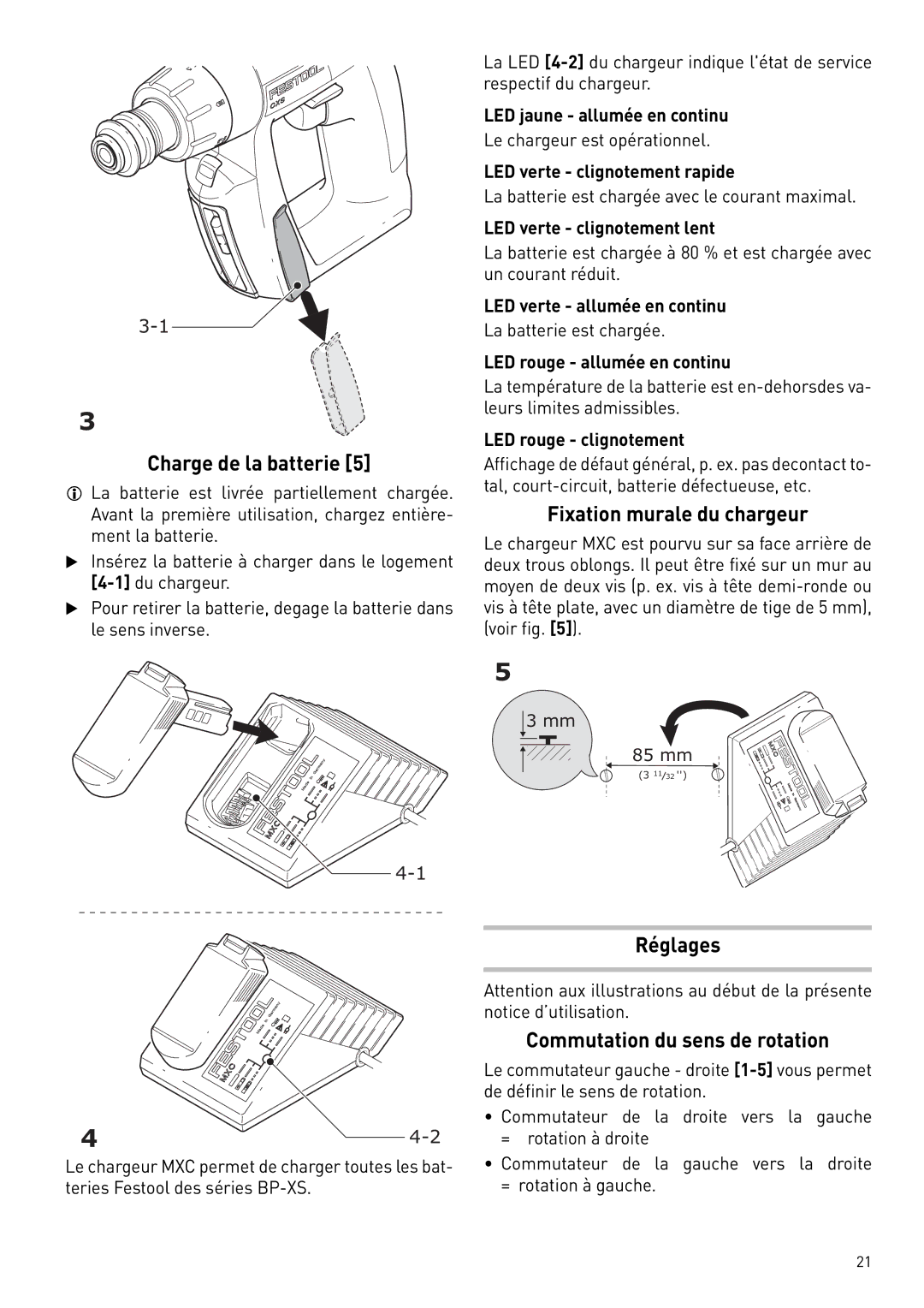 Festool 564274 Charge de la batterie, Fixation murale du chargeur, Réglages Commutation du sens de rotation 