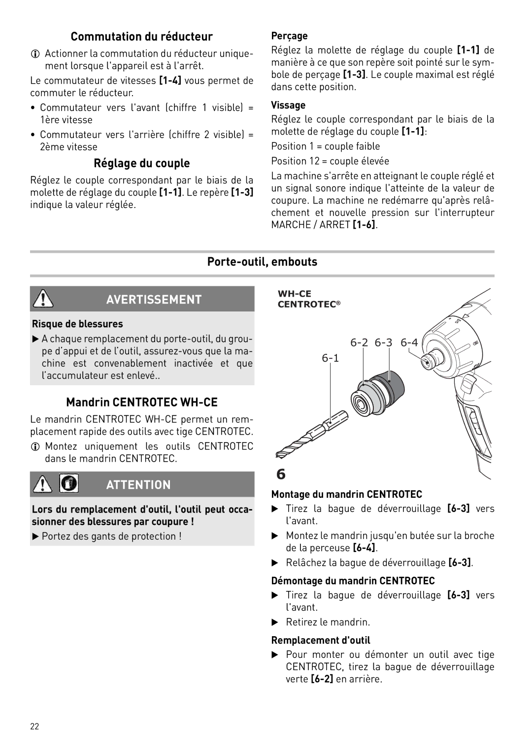 Festool 564274 Commutation du réducteur, Réglage du couple, Porte-outil, embouts, Mandrin Centrotec WH-CE 