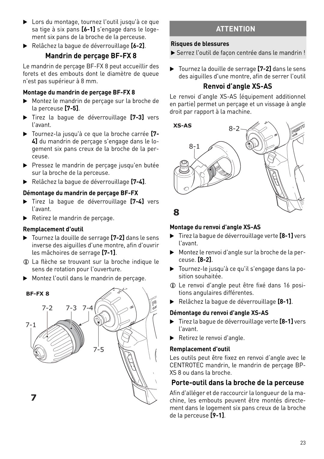 Festool 564274 instruction manual Mandrin de perçage BF-FX, Renvoi d’angle XS-AS, Porte-outil dans la broche de la perceuse 