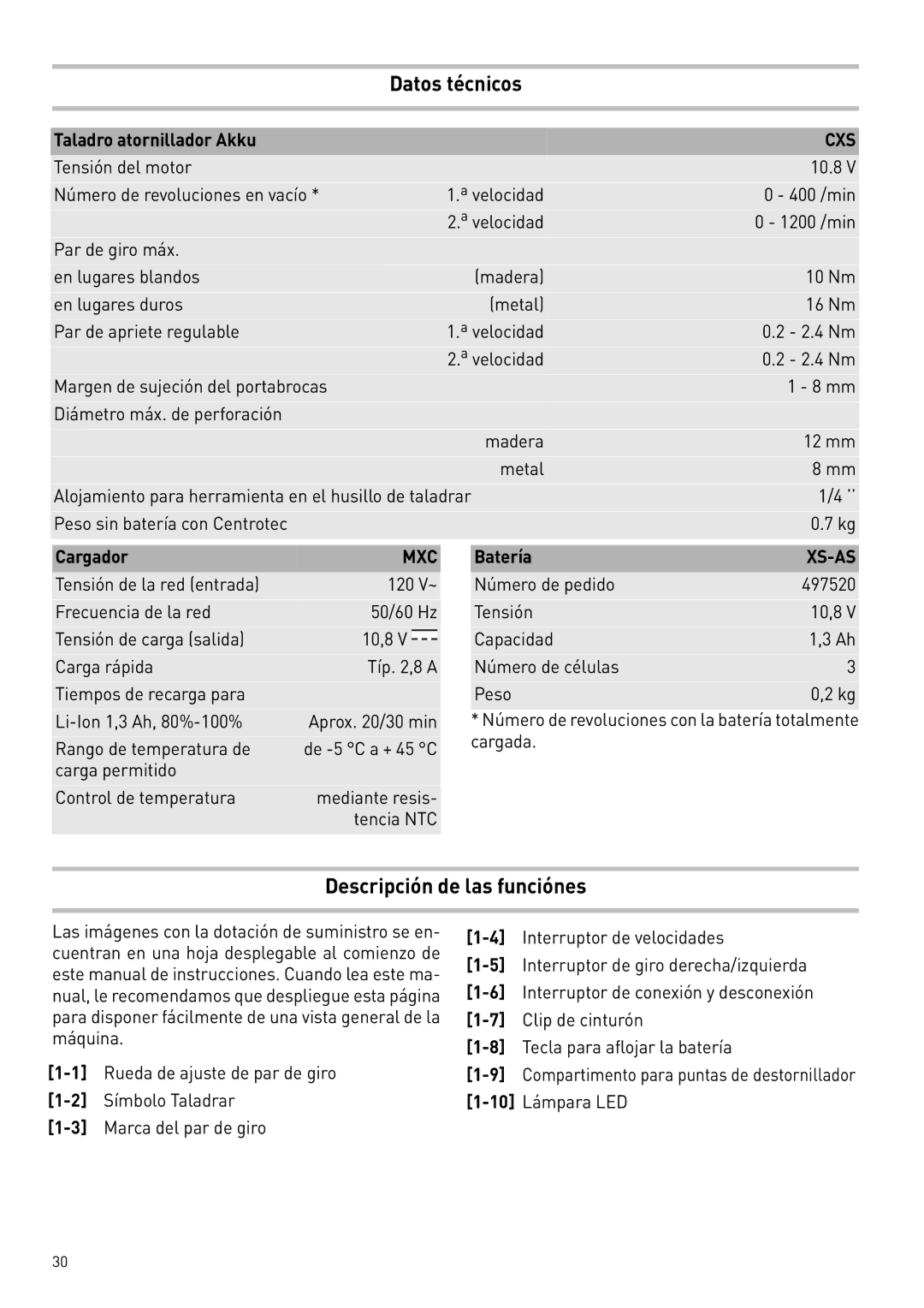 Festool 564274 instruction manual Datos técnicos, Descripción de las funciónes, Xs-As 