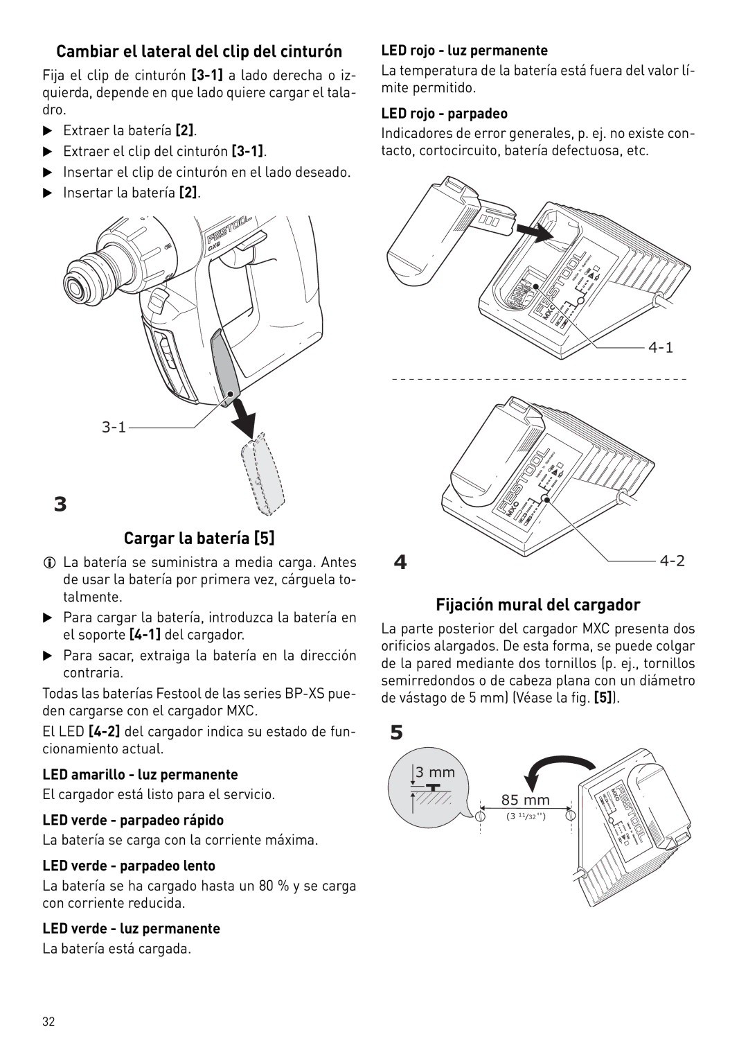 Festool 564274 instruction manual Fijación mural del cargador, LED rojo luz permanente, LED rojo parpadeo 