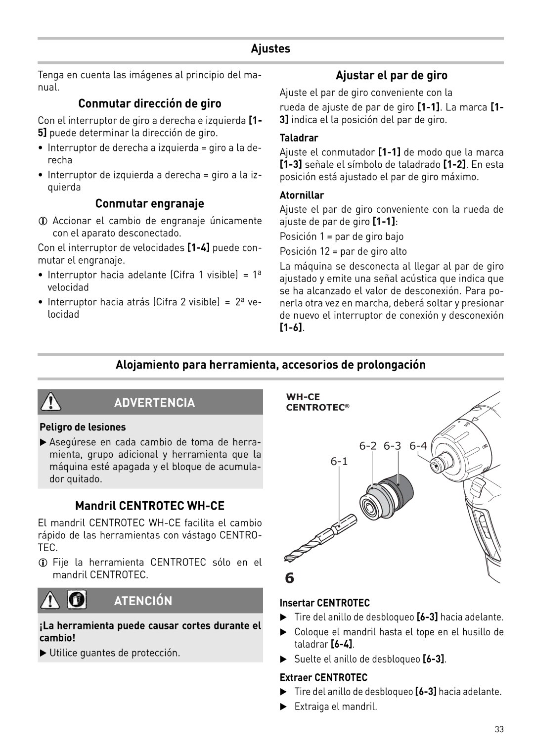 Festool 564274 instruction manual Ajustes, Conmutar dirección de giro, Conmutar engranaje, Mandril Centrotec WH-CE 