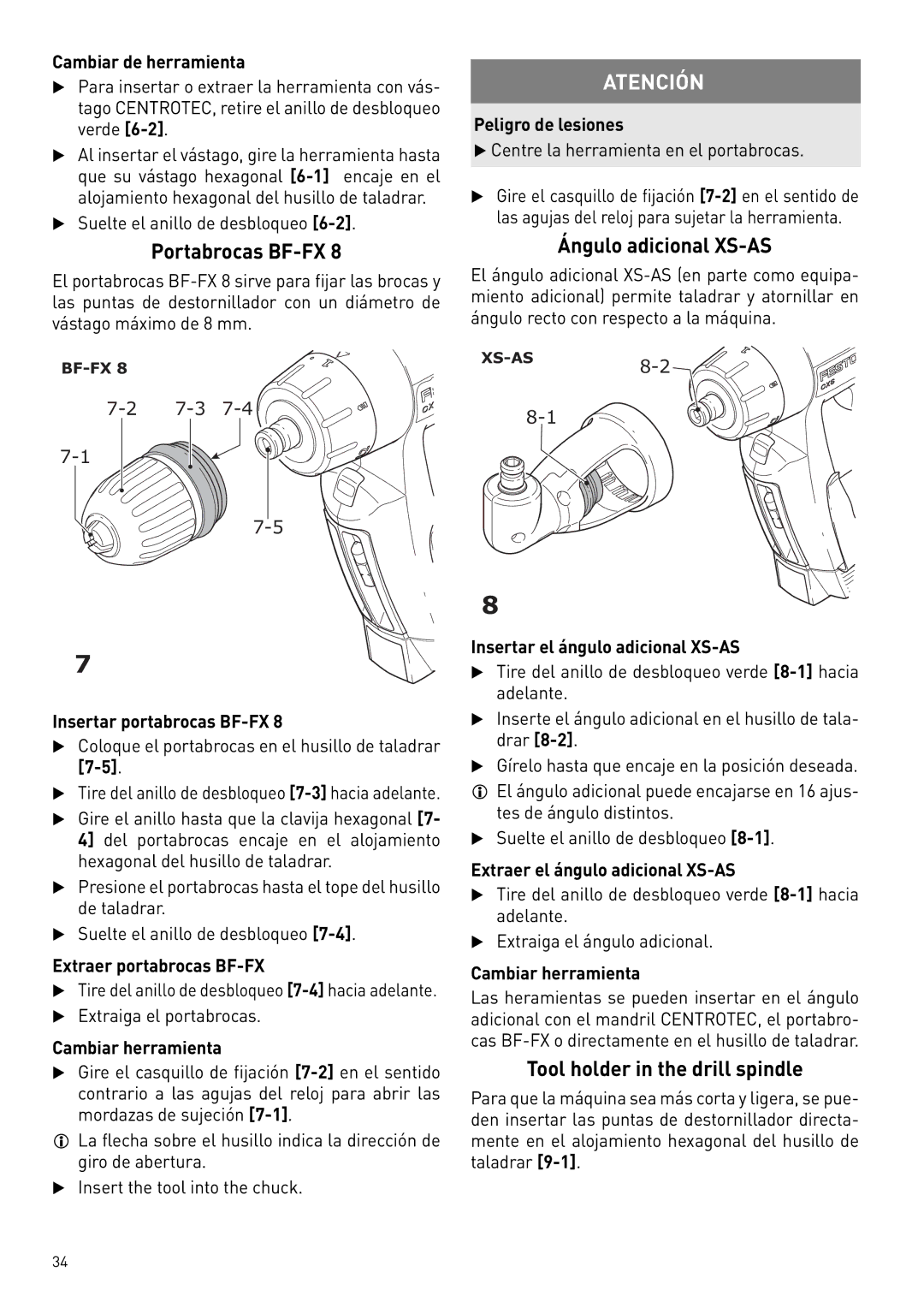 Festool 564274 instruction manual Portabrocas BF-FX, Ángulo adicional XS-AS 