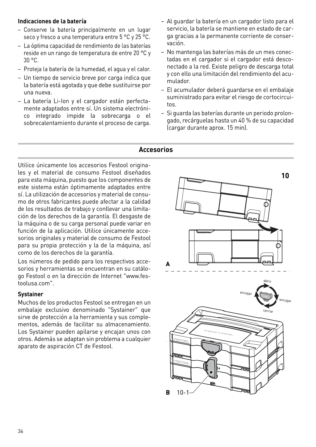 Festool 564274 instruction manual Accesorios, Indicaciones de la batería 