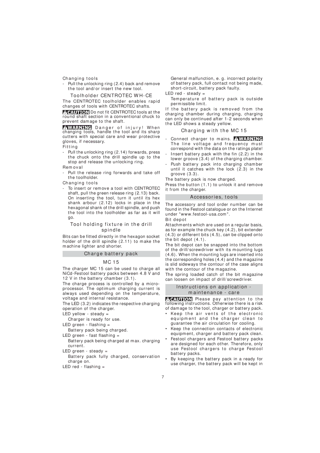 Festool CDD12 instruction manual Toolholder Centrotec WH-CE, Tool holding fixture in the drill Spindle, Charge battery pack 