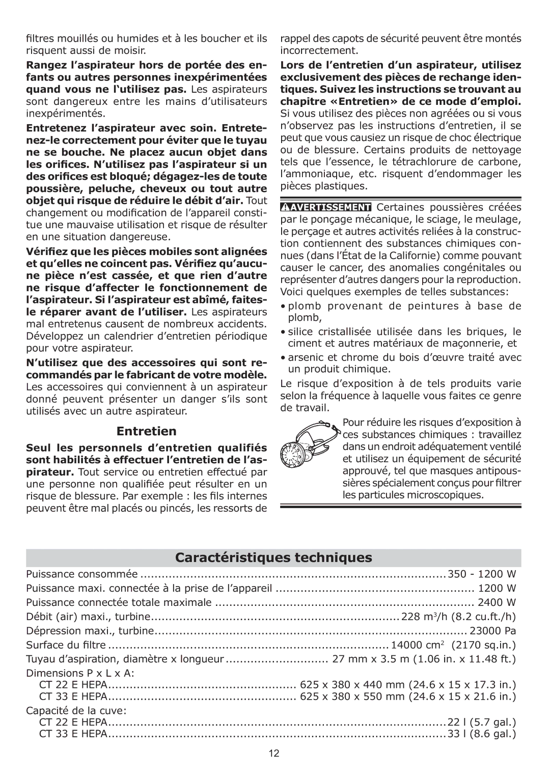 Festool CT 33 E HEPA, CT 22 E HEPA instruction manual Caractéristiques techniques, Entretien 