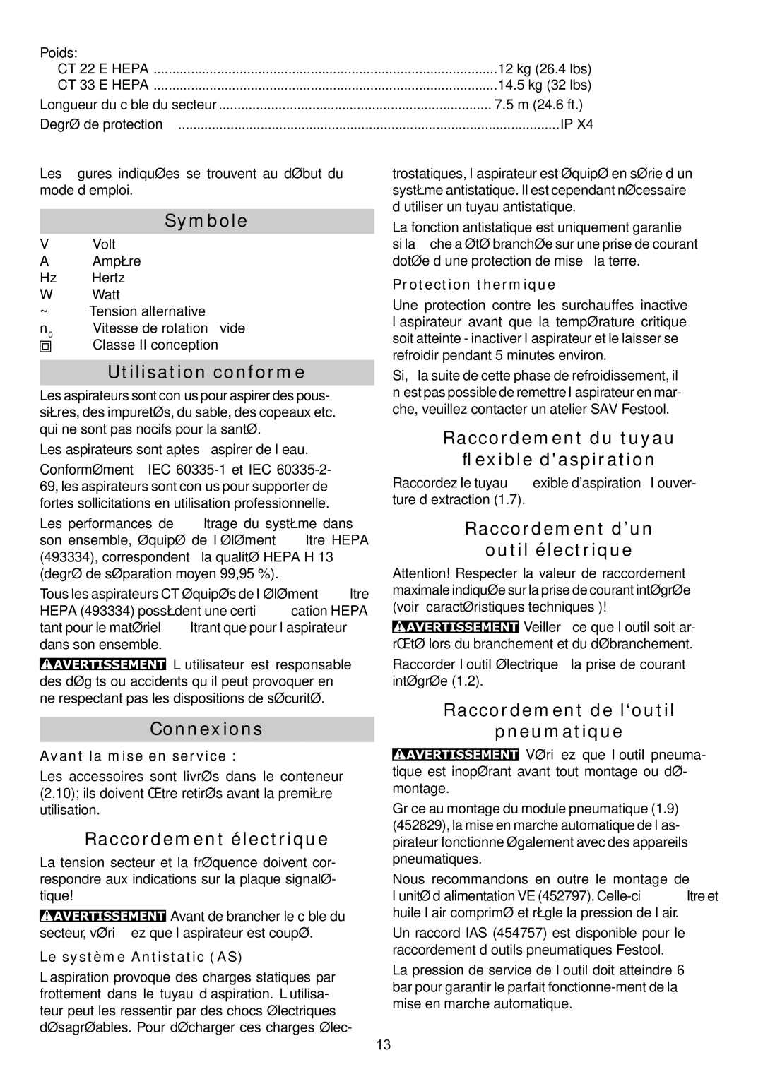 Festool CT 22 E HEPA, CT 33 E HEPA instruction manual Symbole, Utilisation conforme, Connexions, Raccordement électrique 